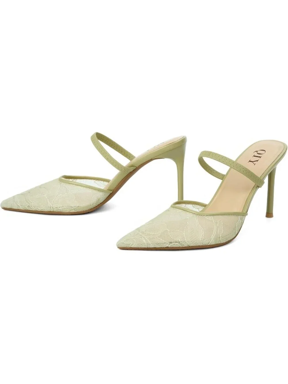 Women's Green Lace Pointed Toe Slingback Stiletto Pumps Slip On Heel Mule Shoes